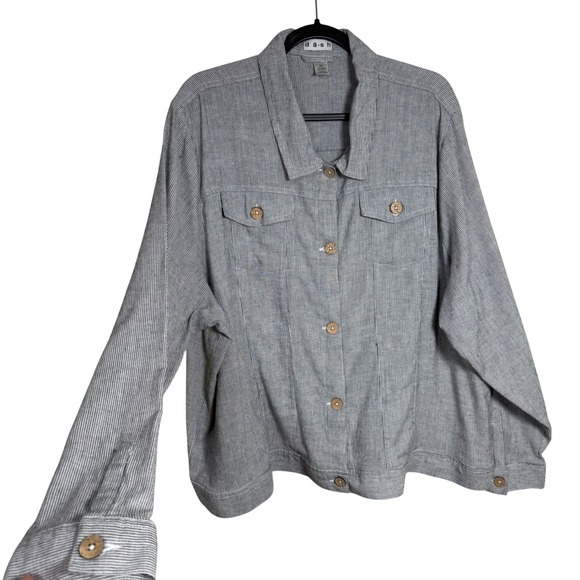 d-a-s-h Jackets & Blazers - d-a-s-h Boxy Utility Linen Rayon Pinstripe Trucker Jacket 2X Blue White